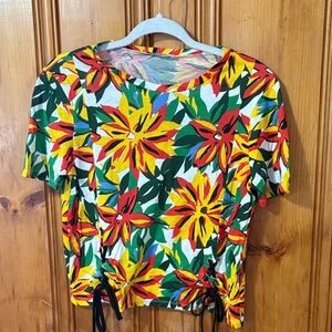 Zara Trafaluc Multicolor Floral Short Sleeve Top - Tie Details - Size Small